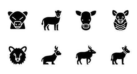 Fototapeta premium Collection of simplified vector icons representing various farm animals and wild animals, presented in a clean, modern style