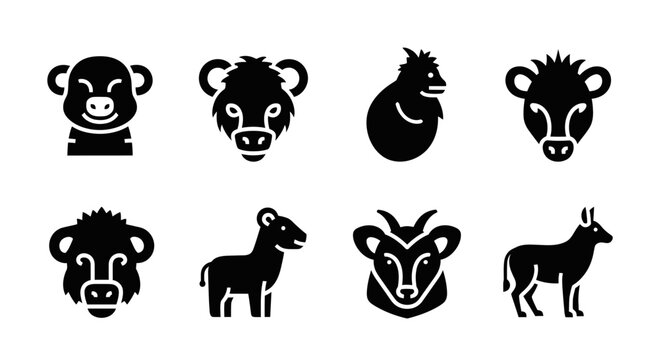 Collection of stylized, minimalist animal icons representing various mammals, including monkeys, wild boars, bears, goats, and deer, rendered in a consistent black silhouette style