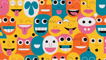 Fototapeta premium A colorful vector graphic illustration of various cartoon faces with different expressions on a yellow background