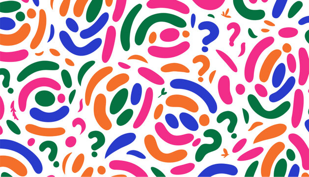 A colorful vector graphic illustration of question marks and abstract shapes in a vibrant, playful design