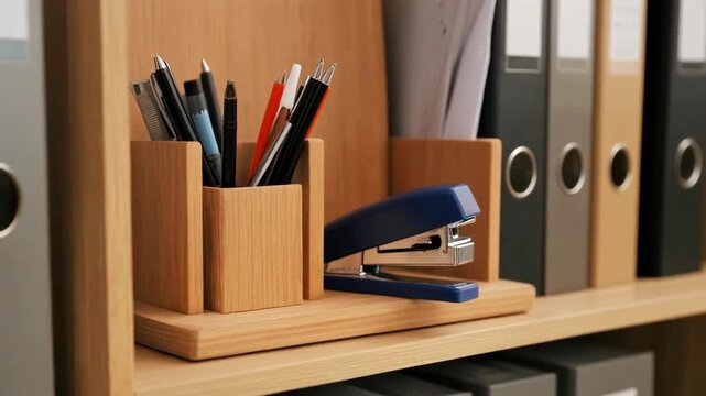 Wooden desktop organizer holding pens, stapler, and file folders neatly arranged on shelf, symbolizing office supplies, organization, and productivity.