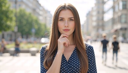 Fototapeta premium Portrait of a young woman thinking on a sunny city street. Contemplative female in navy polka dot dress. Urban lifestyle and fashion concept
