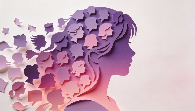 Paper cut art of a womans profile filled with diverse silhouettes. International Womens Day concept of unity and empowerment
