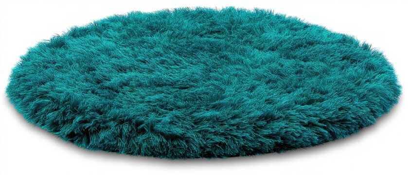 A round, shaggy teal rug adds a cozy touch to any space, perfect for home decor, interior design projects, or lifestyle blogs emphasizing comfort and style,