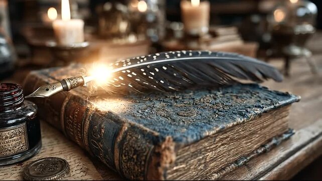Antique ink pot and feather quill on a worn book