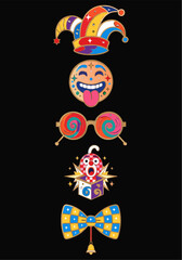 Naklejka premium A colorful vector graphic illustration of a jester's accessories and whimsical symbols