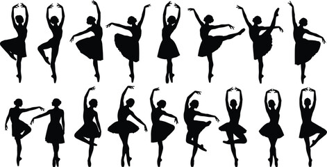 Black silhouettes of multiple ballerinas in various dance poses ballet white background © Borhan Creatives