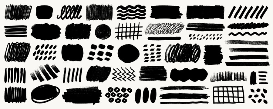 Crayon line highlight scribble set in black on white background with underline strokes, boxes and doodle marks. Crayon line highlight elements in rough pencil and pen texture.