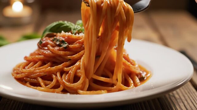 A close-up shot of spaghetti with tomato sauce and basil on a white plate, and a fork being used