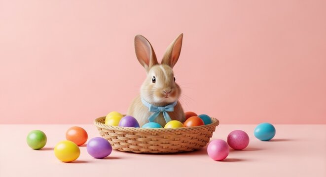 Ceramic Easter bunny figurine sits in a wicker basket surrounded by brightly colored eggs against a pastel pink background.
