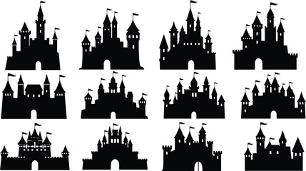 Obraz premium Black silhouettes of various medieval castles with towers and flags