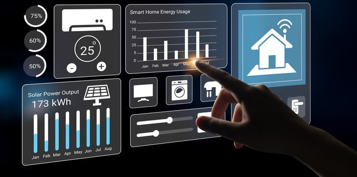 A user interacting with a smart home control panel displaying energy consumption, solar power output, and temperature metrics, showcasing modern living through technology. Gantry