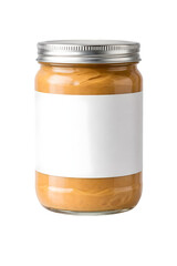 Homemade creamy peanut butter in glass jar with metal lid isolated on transparent background
