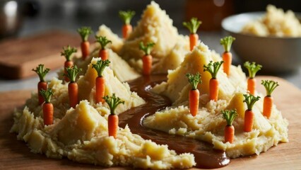 Creative mashed potato mountain with carrots and gravy kitchen food art home close-up view fun presentation