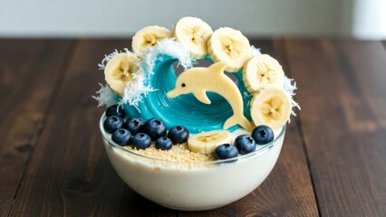 Creative dolphin-themed smoothie bowl kitchen food art indoor top view healthy eating concept