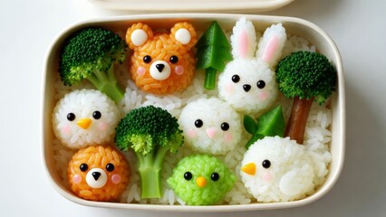 Creative bento box art adorable animal rice shapes kitchen food photography bright playful presentation