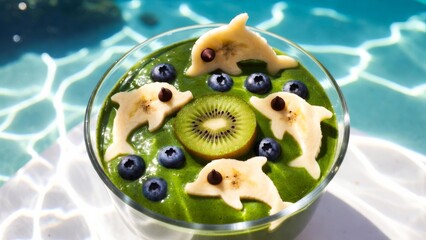 Creative dolphin-shaped smoothie bowl poolside food photography bright and fresh aesthetic and fun
