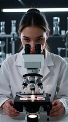 Scientific research action female scientist at microscope in modern lab high-tech environment close-up view for innovation