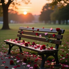 Sunset romance roses adorn a park bench evening serenity nature's beauty peaceful setting
