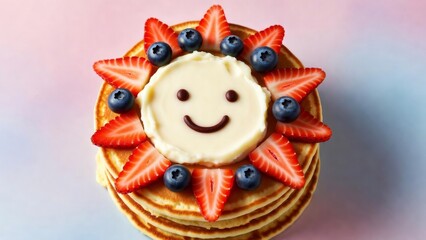 Delightful pancake stack with fruits kitchen food art bright colors top view creative breakfast concept