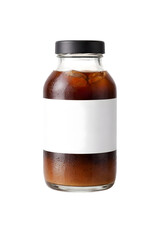 Brown glass bottle with dark liquid and white label isolated on transparent background