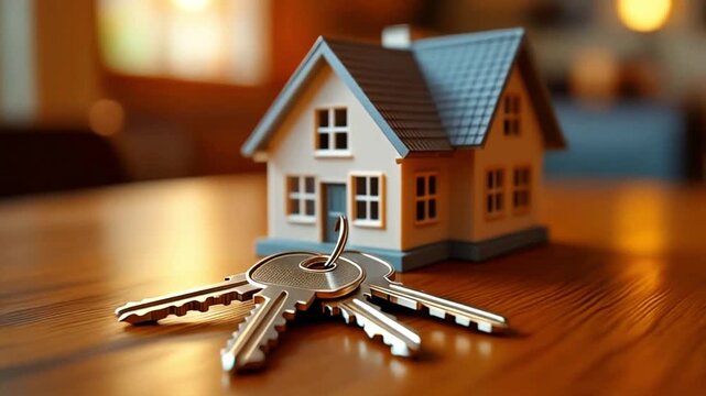 4K ultra-HD video of house keys on polished wooden table beside tiny model house, symbolizing homeownership, new beginnings, and real estate investment.