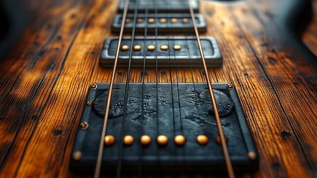 Close-up of an electric guitar showcasing its wooden texture and pickups