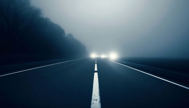Paesaggio di campagna con una strada immersa nella nebbia con le luci delle auto in lontananza lungo l'autostrada, Country landscape with a road immersed in fog with the lights of distant cars along t