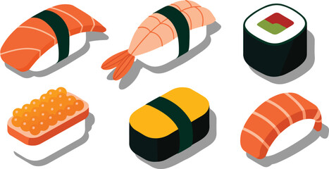 Isometric Sushi Outline Icon Set  Nigiri and Maki Rolls © Creative design