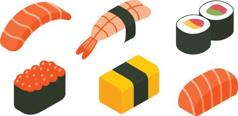 Isometric Sushi Outline Icon Set  Nigiri and Maki Rolls © Creative design