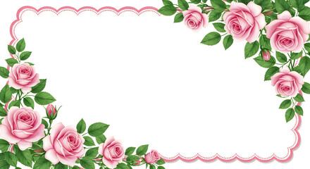 Pink roses and green leaves border frame for photo or text background