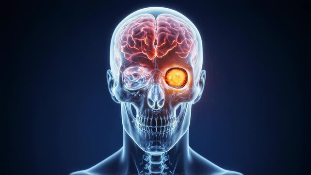Translucent human skull and brain glow with energy