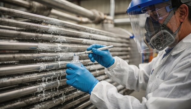 Closeup of a technician applying chemical cleaning solutions to a shellandtube heat exchanger emphasizing the safe handling of cleaning agents.