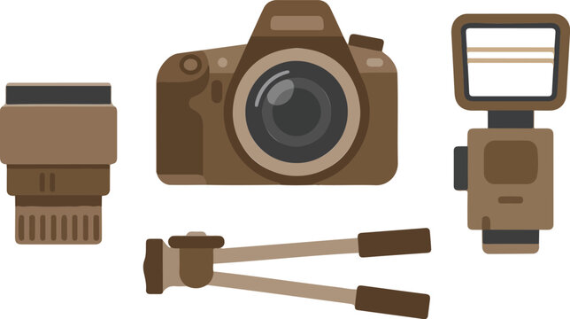 Photography Gear Minimalist Icon Set  Camera, Lens, Tripod, Flash, Light Meter