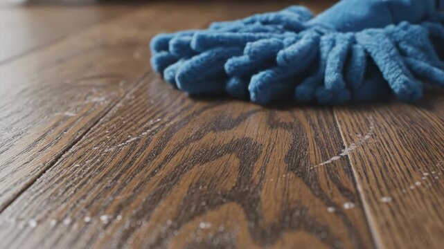 Blue microfiber duster wooden floor with dust particles being wiped close up cleaning motion conveying tidy home care and soft texture microfiber mop head wiping fine dust from hardwood floor close
