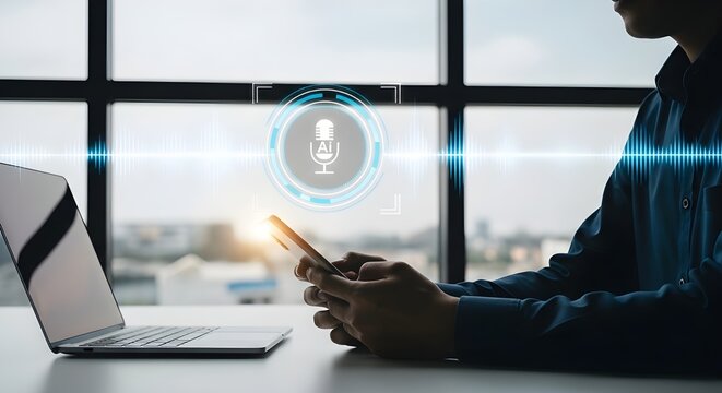 AI assistant voice chat interface.Person interacting through microphone with AI voice chat. Digital communication, speech recognition, and smart technology enabling natural conversation.