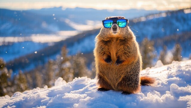 Funny groundhog wearing blue sunglasses standing in snow on a sunny winter day. Cool marmot portrait with mountains background. Groundhog Day concept