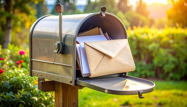 A traditional mailbox with letters sits open in a sunlit garden.