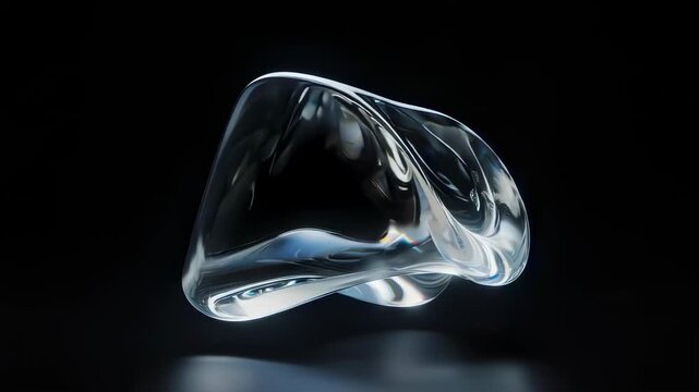 Smooth, transparent, amorphous form with reflective surface on a dark background