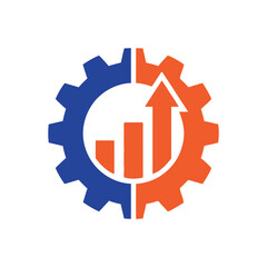 Fototapeta premium Industrial growth logo with gear and rising bar chart arrow