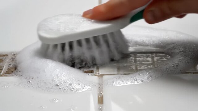 Soapy tile grout cleaning with scrub brush foam suds ceramic bathroom tile grout scrub brush hand cleaning action wet surface soap cleaning ceramic grout scrub brush foam suds bathroom cleaning scrub