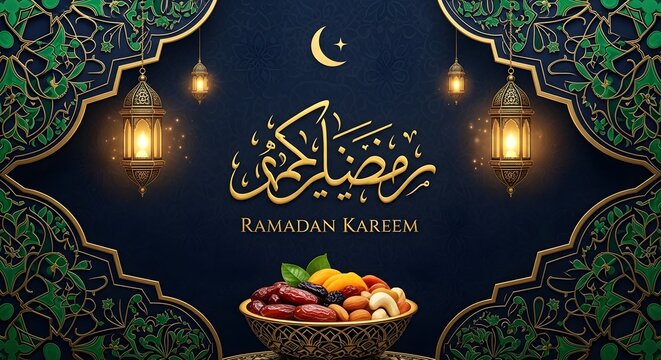 Ramadan Kareem greeting with lanterns and iftar dates in Islamic calligraphy design