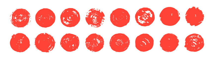 Red grunge circles and dots collection.Japanese and Chinese calligraphy shapes,circular brush stamps,paint textures&mdash;swirls,streaks,splatters,and rough edges&mdash;create a bold, handcrafted, artistic effect