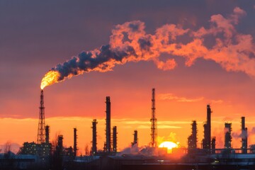 Fototapeta premium Industrial plant polluting air with gas flare at sunset