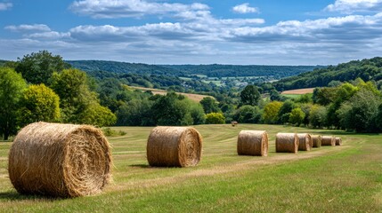 Hay bales in a rural field under summer sky