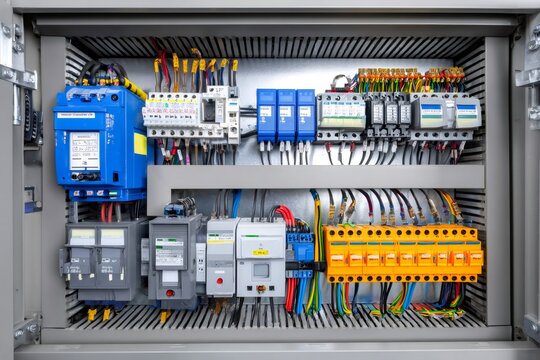 Industrial electrical control panel with intricate wiring and circuit breakers