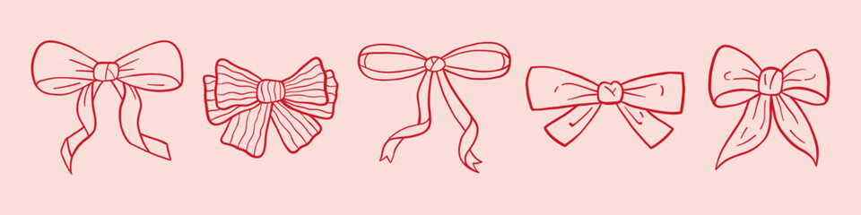 Vector set of whimsical coquette hand drawn ribbon bows in pretty outline on pink background. Charming cute bow collection with different shapes for branding, packaging, social media design.