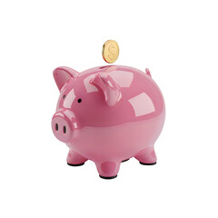 Glossy pink ceramic piggy bank receives a floating gold coin with a dollar sign marked on its surface against a clean white backdrop.