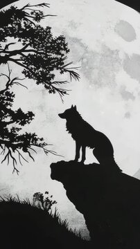 Dramatic black and white silhouette of a lone wolf sitting on a rock, looking up at a large full moon in a mystical forest at night. Wilderness nature illustration.