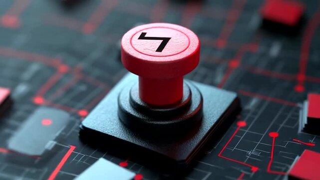 Close-up of a red button on a circuit board with digital patterns